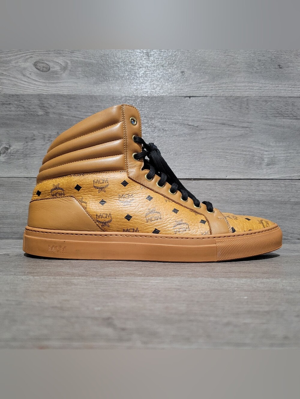 MCM Visetos Cognac Leather High Top Mens Size 12 (45) Brown Shoes